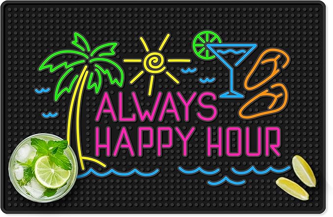 Premium Quality Always Happy Hour Bar Mat, Tiki Bar Mat for Bartending 18x12, Outdoor Tiki Bar Decor, Durable Bar Mats for Countertop, Drying Mat for Home Bar, Perfect Home Bar Accessories Xmas Gift