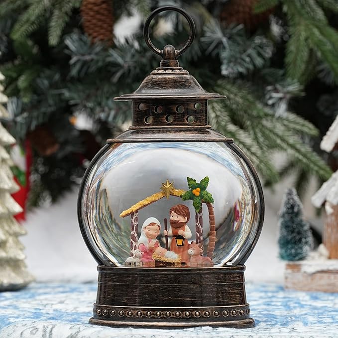 Christmas Nativity Snow Globe, 12" Musical Lighted Christmas Snow Globe Lantern, Christmas Nativity Set Indoor, Swirling Glitter Lanterns with Timer, Battery Operated/USB Powered Christmas Home Decor