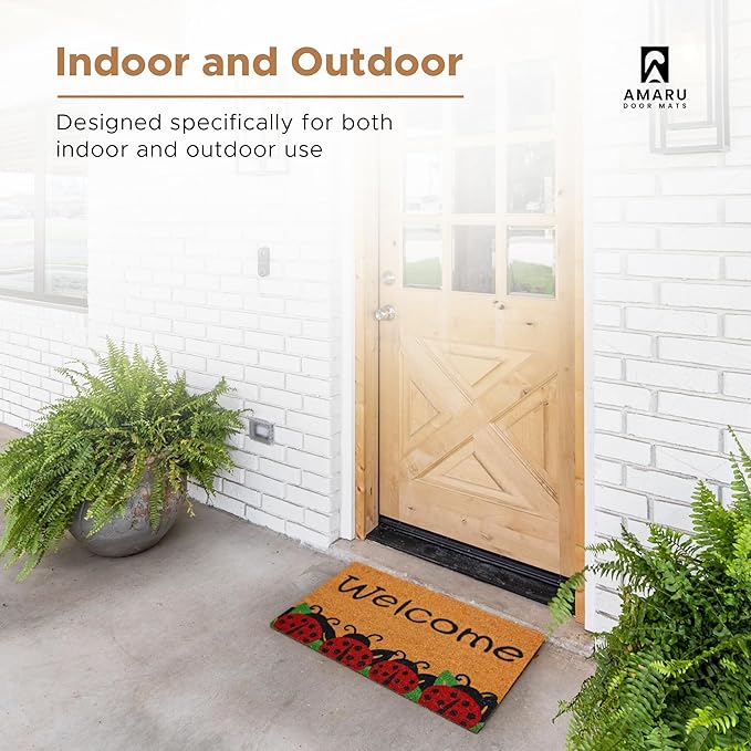 Ladybugs - 17"x29" - Coir Door Mat with Heavy Duty Backing - Welcome Mats for Entryway, Porch - Anti-Slip PVC & Coconut Fiber Surface - Natural Home Accessories, Minimalist Original Design