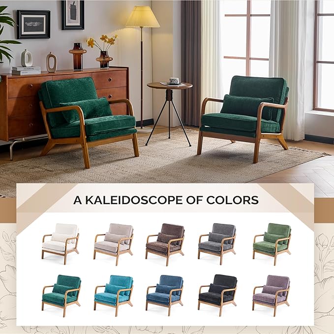 VINGLI Chenille Mid-Century Modern Accent Chair Set of 2, Cute Reading Arm Chair with Cushion & Lumbar Pillow & Solid Wood Frame for Lounge, Living Room, Reading Room, Bedroom, Forest-Green