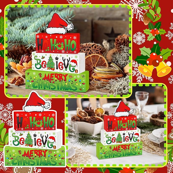 4 Pcs Christmas Table Decor Wooden Hohoho Decoration Red White Green Christmas Tiered Tray Decor Xmas Table Centerpiece Rustic Decorative Santa Hat Block Signs Gift Farmhouse for Home Kitchen