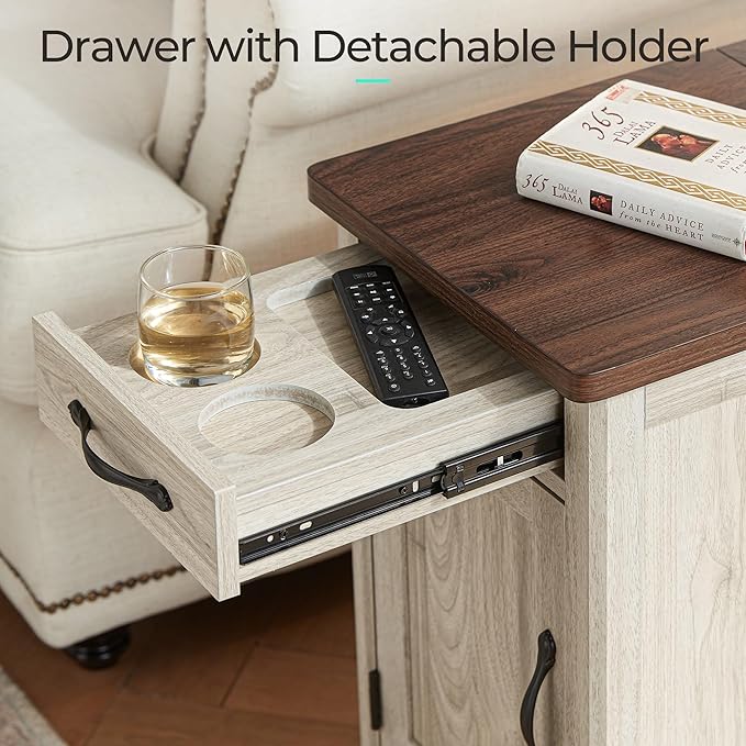 LINSY HOME Farmhouse End Table with Charging Station, Narrow Side Table for Living Room, Sofa Side Table with Drawer and Storage Cabinet, Small Nightstand for Home Office