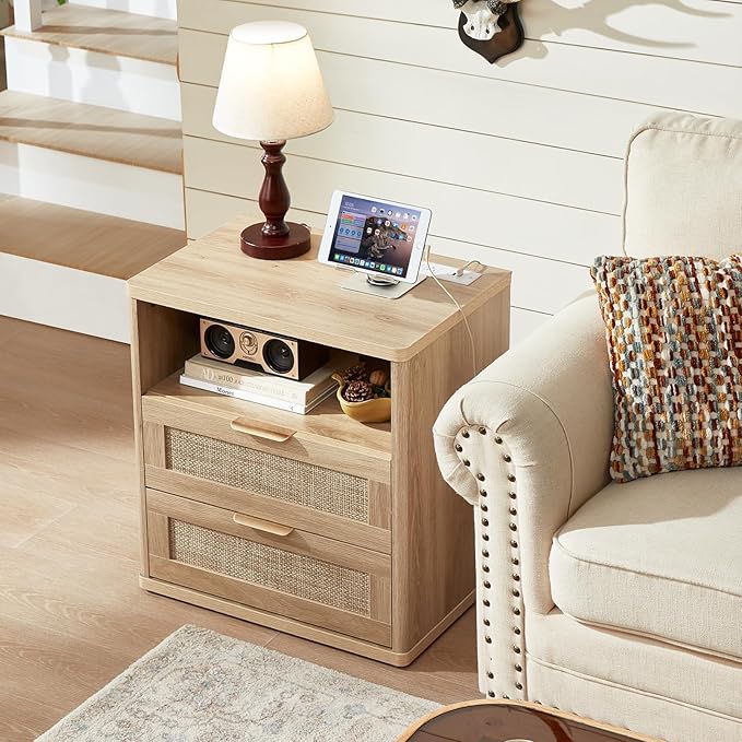 LEYAOYAO Rattan Nightstands Set of 2 with Charger Station, 23" Wide Boho Night Stand with 2 Drawers, Natural Wood Bedside Table Open Shlef, Bed Side End Table Dresser for Bedroom, Living Room Hallway
