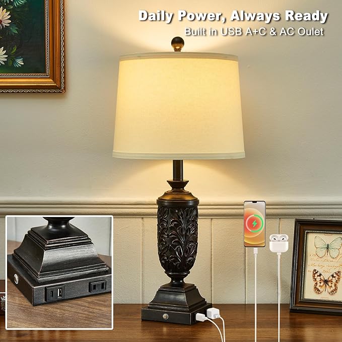 26.5" Farmhouse Table Lamp Set of 2, 3-Way Dimmable Touch Control Bedside Lamps Vintage Rustic Side Table Nightstand Lamps for Bedroom Living Room Study Room