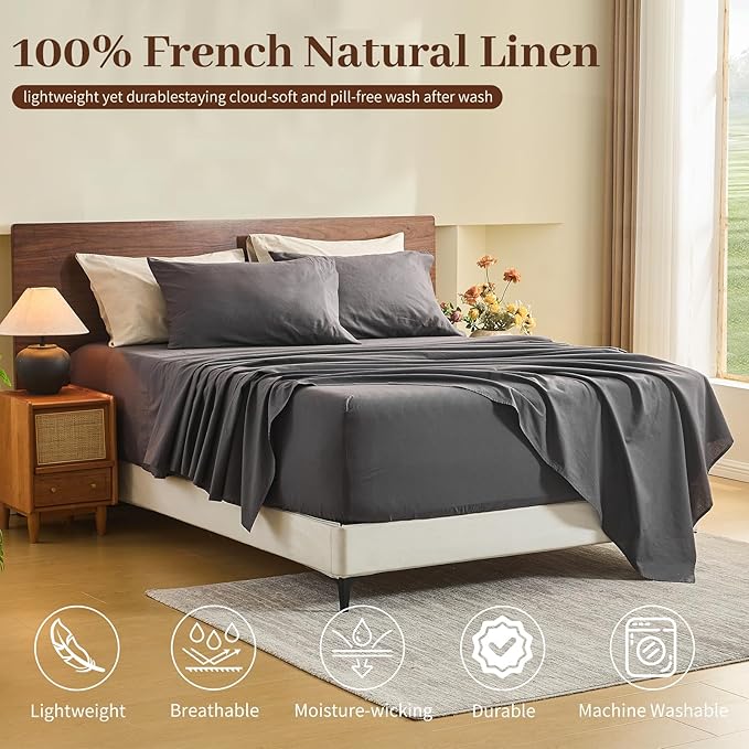 MEISHANG 100% French Pure Linen Sheets Cal King Size - 6 PC Extra Deep Pocket Sheet Set, Soft Durable Flax Linen, Anti-Tear Breathable & Oeko-Tex Certified 18-24 Deep Pocket,All Season(Dark Grey)