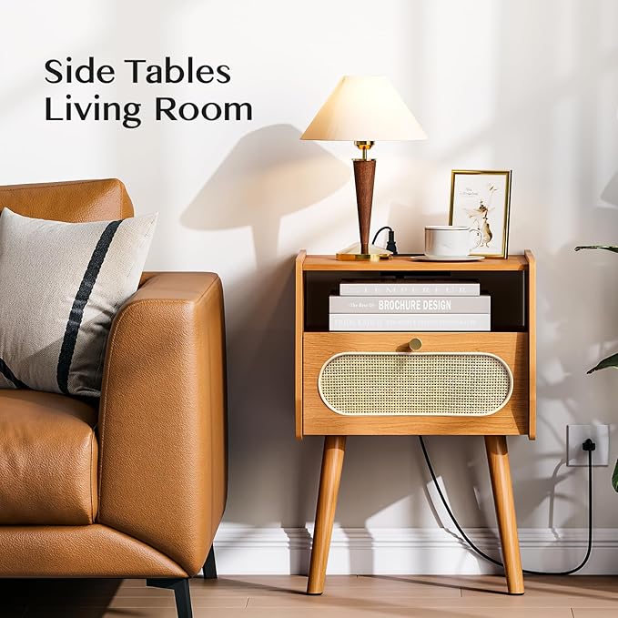 Night Stand Set 2, Mid Century Modern Nightstands, Wooden Bedside Table with Charging Station & Rattan Drawer, Boho End Table with Storage, Solid Wood Legs Side Tables for Bedroom, Cherry