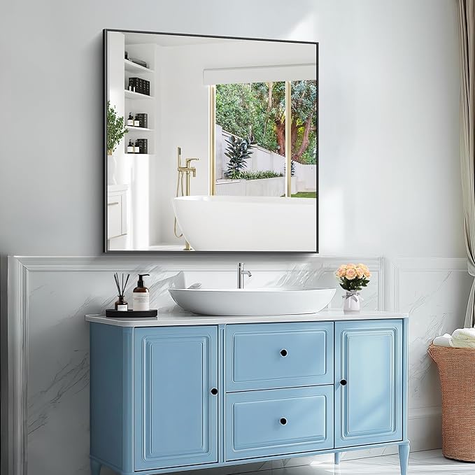 Black Bathroom Mirror for Wall, 42x42 Inch Wall Mounted Rectangle Mirrors with Metal Frame, Large Modern Vanity Wall Square Mirror for Bathroom Living Room, Entryway
