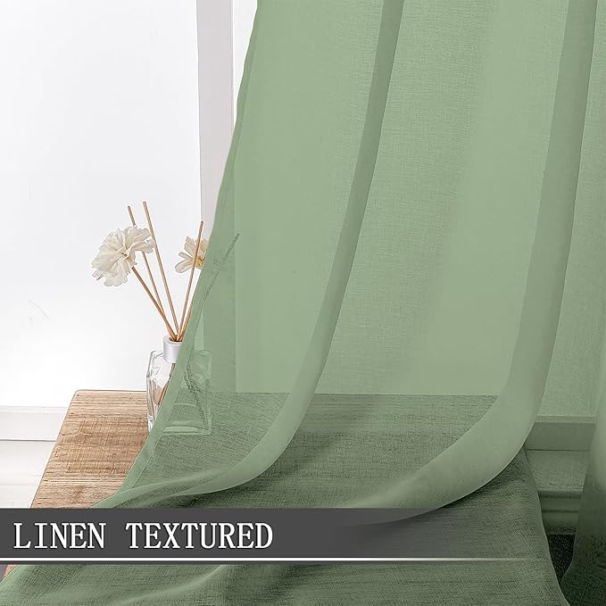 Tollpiz Short Sheer Curtain Living Room Linen Textured Curtains Sheer Light Filtering Voile Rod Pocket Curtain for Bedroom, 38 x 54 inches Long, Sage Green, Set of 2 Panels