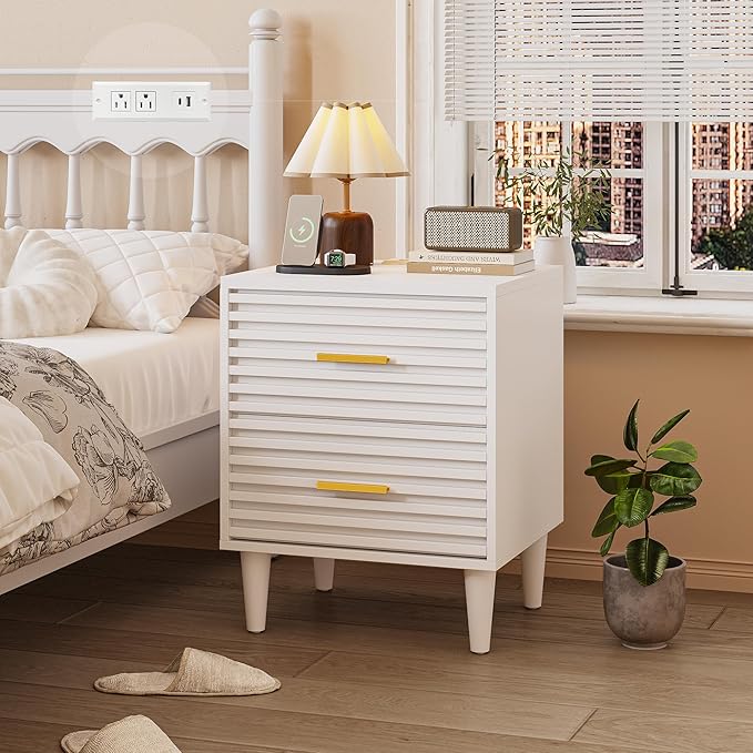 Alohappy Night Stand with Charging Station, Bedside Table with 2 Drawers, Mid Century Modern End Table, Bed Side Table with USB Ports and Outlets, Nightstand for Bedroom, White 1pc