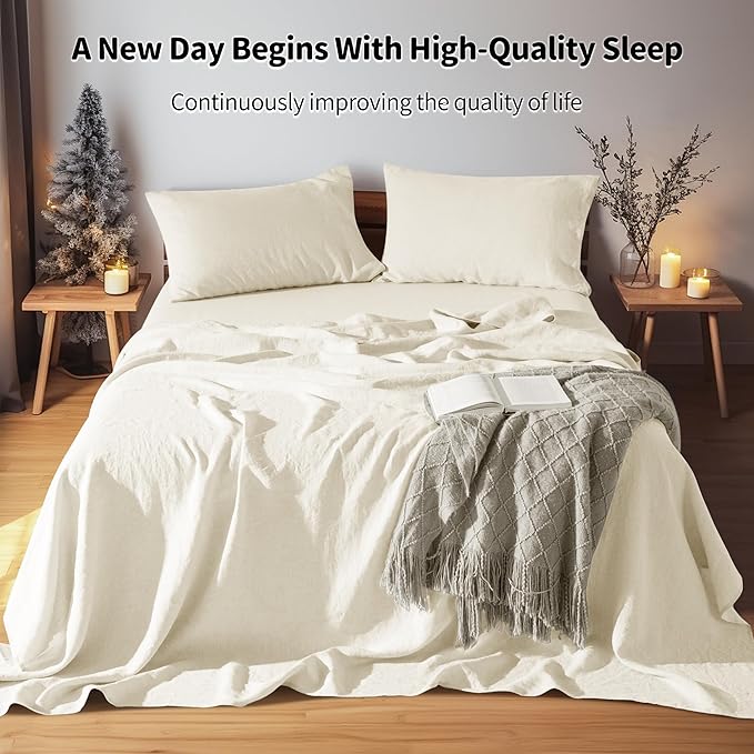 LBRO2M 100% Linen Sheet Set 16" Deep Pocket Queen Size,Bed Sheets 4 Piece Sets,Solid Color Natural Flax Bed Sheets Soft Breathable Bedding, All Season (Queen, Beige)