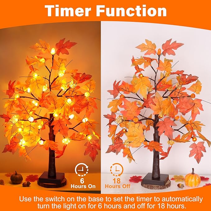 2 Pack 24 Inch Fall Maple Tree with 48LED Thanksgiving Table Decorations Battery Operated Lighted Tabletop Artificial Tree with Pumpkin Acorn Maple Fall Centerpieces Indoor Fall Decorations for Home