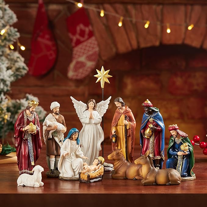 Nativity Sets for Christmas Indoor Set of 13 Pieces 5.9 Inches Tabletop Classic Nativity Scene Resin Figurines Set Religious Decorations Collection Gifts fot All Holidays Home Decor