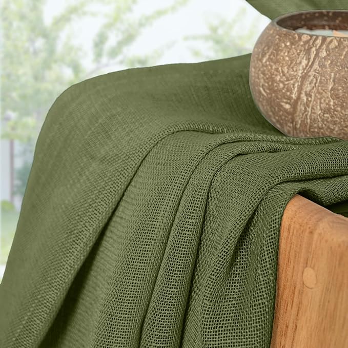 YoungsTex Olive Green Linen Curtains 40 Inch Length for Kitchen Window - Short Light Filtering Drapes Semi Sheer with Rod Pocket Back Tab for Bathroom Cafe Window, 2 Panels, 42 X 40 Inch