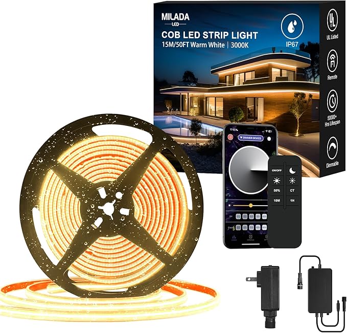 IP67 COB LED Strip Light 50FT/15M Outdoor Led Strip Lights Waterproof 3000K CRI90+ Flexible 24V Remote & App Control Dimmable Water Proof Led Light Strips for Kitchen Terraces Patio Garden
