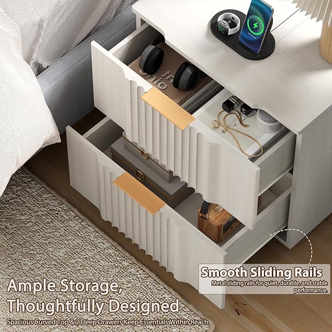 Yechen Fluted Nightstand with 20W Fast Charging Station – Modern Large Night Stand with 2 Storage Drawers, Wide Wood Bedside End Table for Bedroom with Curved Profile Base, White Oak