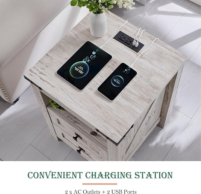 RedLemon Farmhouse Nightstand with Charging Station, Rustic 18 Inch End Table with 2 Storage Drawers and Open Shelf, Wood Sofa Side Table for Bedroom, Living Room (Antique Brush White)