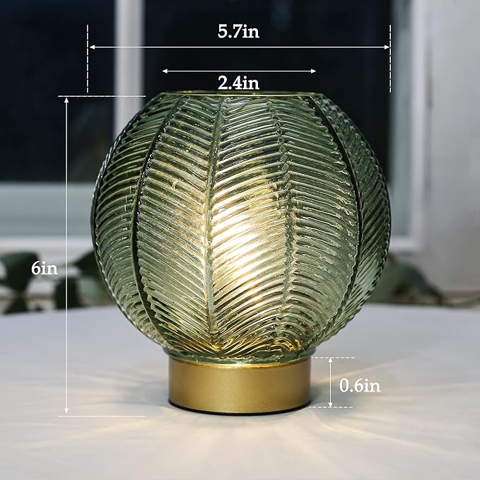 Battery Powered Lamp with Timer, Cordless Battery Operated Table Lamp with LED Bulb, Decorative Small Lamp Glass for Nightstand Bedside Bedroom Living Room-Green