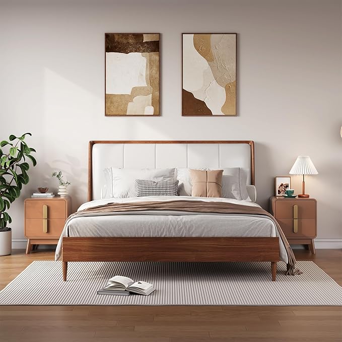 Nights tand Set 2, Mid Century Modern Bedside Table with Drawers, Curved Profile Design End Table with Metal Handle, Nightstand Set of 2 with Storage, Bed Side Tables for Bedroom, Cherry