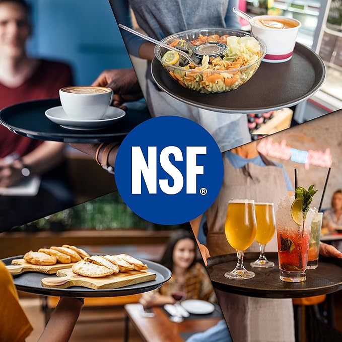 CURTA 2-Pack Restaurant Grade Non-Slip Trays, NSF, 16 Inch x 12 Inch, Plastic Rubber Lined Anti-Skid Rectangular Serving Tray, Black