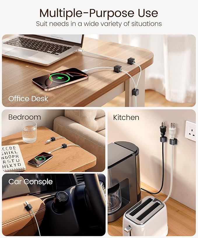 6 Pack Magnetic Cable Clips, Glow in The Dark Cable Holders, GolbinBox Cord Organizer with Shockproof Silicone, Fits up to 8mm Adhesive Cord Clips for Desk, Wall, Nightstand, Car, Home, Office, Black