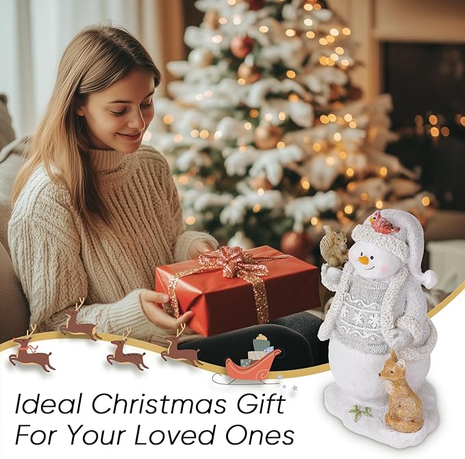 Christmas Snowman Decorations Indoor Figurines Glowing Knitting Design Gift Decor, Animated Xmas Home Ornament, Holiday Presents White & Blue with Animals Snow Buddies - White