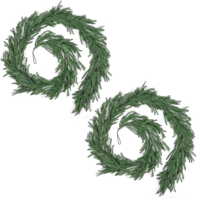 2 Pcs 9 Ft Artificial Norfolk Pine Garlands, Realistic Christmas Pine Garland Faux Winter Greenery for Holiday Table Centerpiece, Mantel, Wall, Indoor, Outdoor Christmas Decor (2, 9 Ft)
