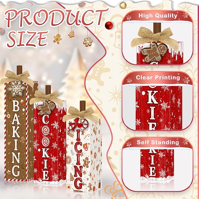 Britimes 3 Pcs Christmas Baking Wooden Table Block Signs, Farmhouse Gingerbread Candy Cane Cookie Print Tiered Tray Decor Rustic Holiday Tabletop Centerpieces for Kitchen Home Winter Decorations