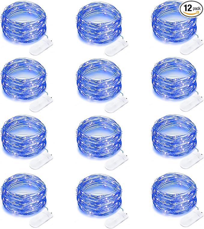 12 Pack Fairy Lights Battery Operated 7 Feet 20 LED Waterproof Christmas String Lights Silver Wire Firefly Starry Moon for Bedroom DIY Party Wedding Patio (Blue)