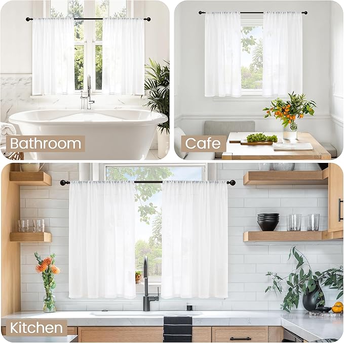 BGment 45 Inch Length White Linen Curtains for Short Window - Rod Pocket Small Semi Sheer Drapes Light Filtering for Cafe Kitchen Bedroom Lightweight Natural Rustic, 2 Panels Set, 30 X 45 Inch