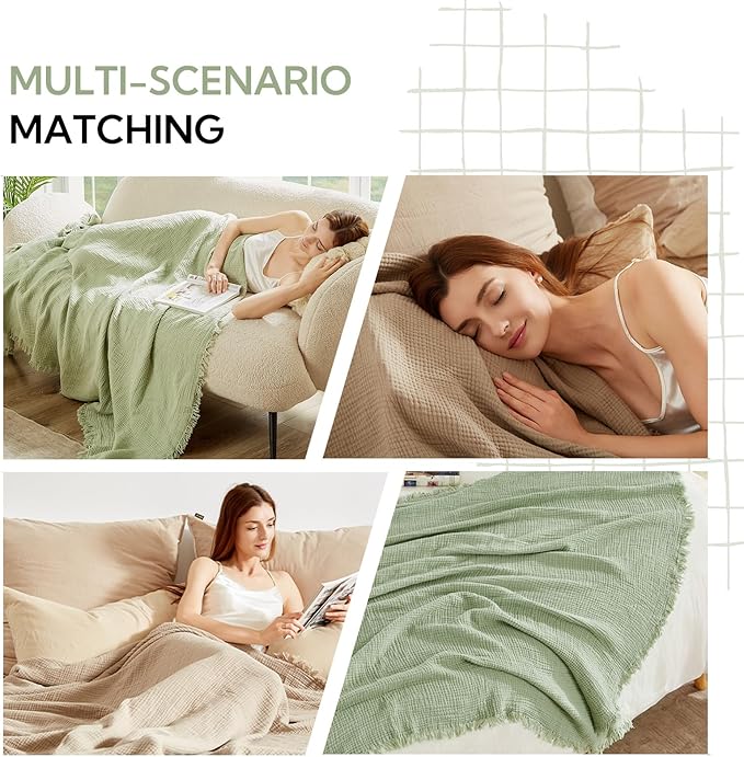 SOULFUL Muslin Throw Blanket with Tassels - Soft Queen Cotton Throw Blanket for Couch or Bed, Lightweight and Breathable Gauze for All Seasons, Grassgreen, 90" x 90"