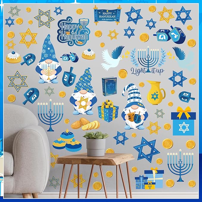 ReliThick Hanukkah Wall Decals & Window Clings - 78 Pcs Blue & Yellow Menorah Star & Gnome Stickers - Party Decor for Living Room, Bedroom & Nursery