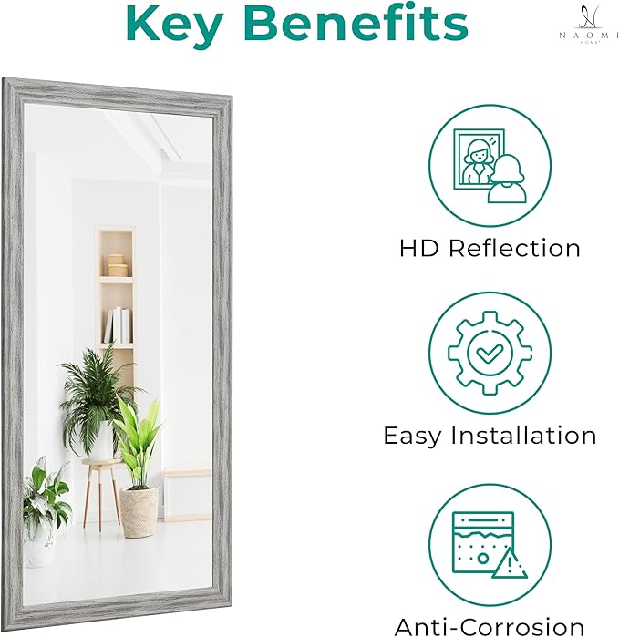 Naomi Home Farmhouse Full-Length Mirror with Wood Frame – Rustic 66"x32" Large Floor Mirror, Elegant Full Body Standing or Wall Mirrors, Rustic Wood Full Length for Bedroom - White
