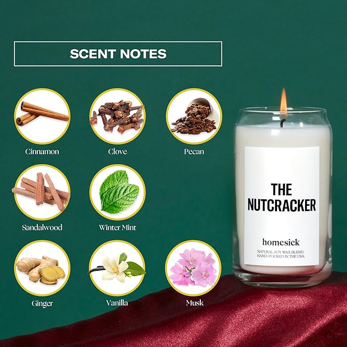 Homesick Scented Candles for Home (The Nutcracker) - 13.75 oz Long-Lasting Natural Soy Wax Blend Jar Candle Gifts for Women & Men, 60-80 Hours Burn Time - Notes of Cinnamon, Clove & Pecan