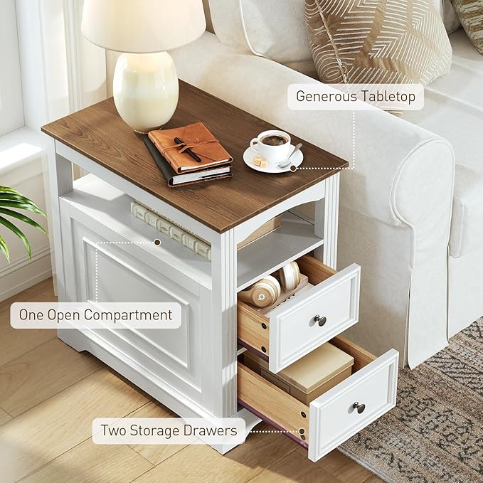 Farmhouse End Table with 2 Drawers, Narrow Sofa Side Table with Storage and Open Shelf, Wooden Nightstand for Small Spaces, Bedroom, Living Room, White and Walnut