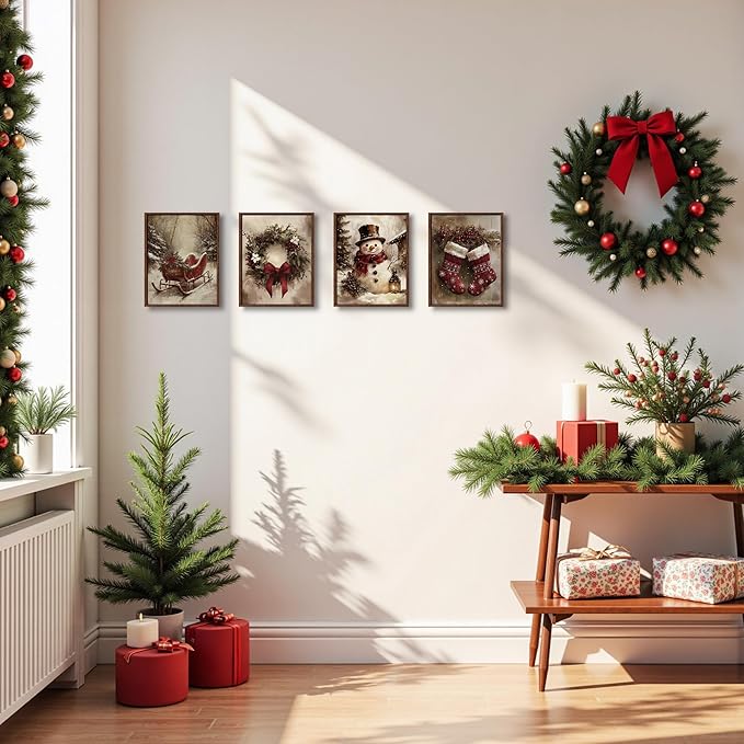 DOFQZ Vintage Christmas Wall Art Prints Set of 4, Rustic Red Christmas Decor, Farmhouse Holiday Winter Red Sleigh Stocking Wreath Snowman Posters for Home Living Room Bedroom Decor, 8x10 Unframed