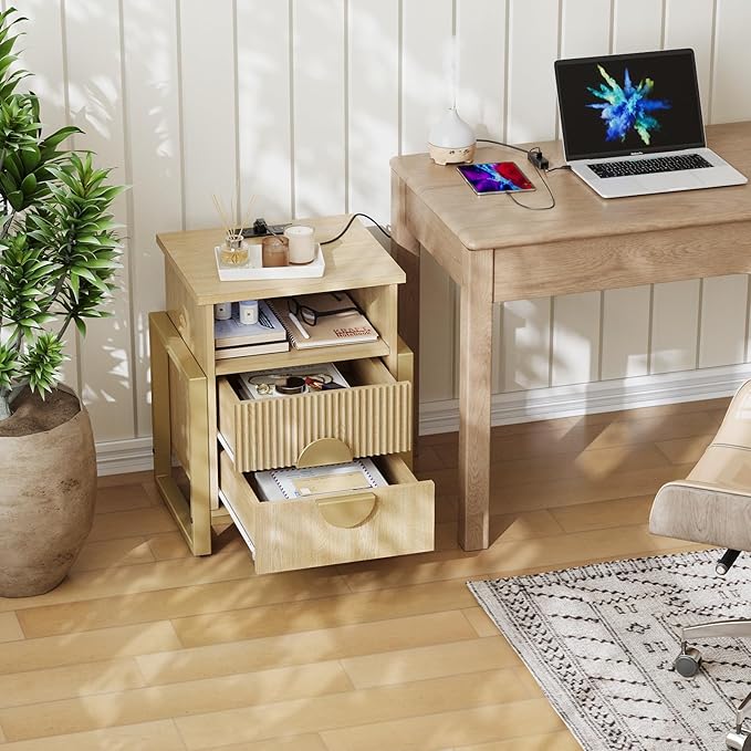 LGHM Large Fluted Nightstand with Charger Station Lights,20.47" W Night Stand with 2 Drawers,Accent Bedside Table and End Table,Semicylinder Drawer,Stable Raised Legs,Large Compartment,Natural Oak