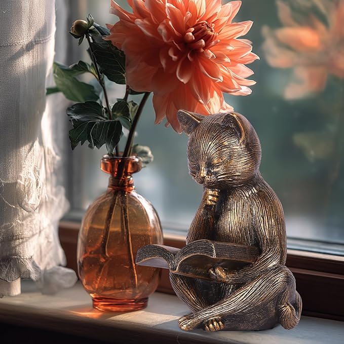 6.4 Inch Resin Reading Cat Figurine - Cute Animal Sculpture for Desk, Office, Bookshelf or Table Decor - Meditation Statue, Bronze Cat Lover Gift, Relaxing Book Theme Accent, Decorative Pet Ornament