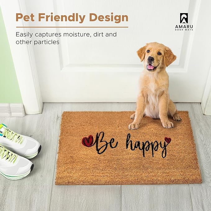 Be Happy - 17"x29" - Coir Door Mat with Heavy Duty Backing - Welcome Mats for Entryway, Porch - Anti-Slip PVC & Coconut Fiber Surface - Natural Home Accessories, Minimalist Original Design