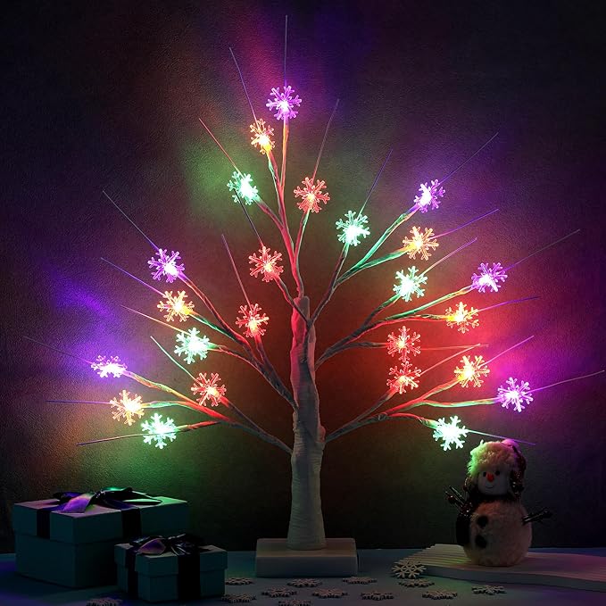 Retisee Multi Colored Snowflake Tree LED Light with 24 LED Snowflake Lights Timer USB Battery Operated Christmas Indoor Outdoor for Home Table Party Decor