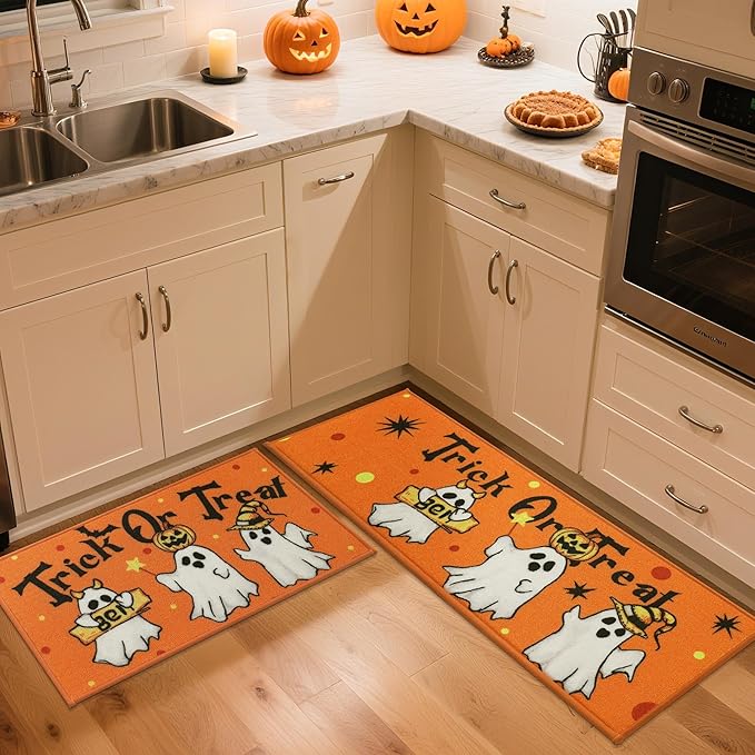 JSEI Halloween Holiday Kitchen Mats for Floor, Non-Slip Ghost and Pumpkins Decorative Kitchen Rugs Set of 2, Home Decor Low-Profile Kitchen Runner Rug Washable, 17"x30"+17"x48", Flying Ghosts Pattern