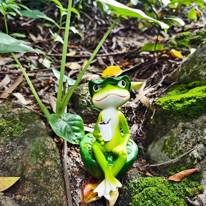 Frog Figurine Garden Decor for Outside, Frogs Statue Plant Decorations for Pots, Fairy Garden Figurines for Lawn Ornaments, Yard Decorations Outdoor, Frog Gifts for Women (1, Drink Frog)
