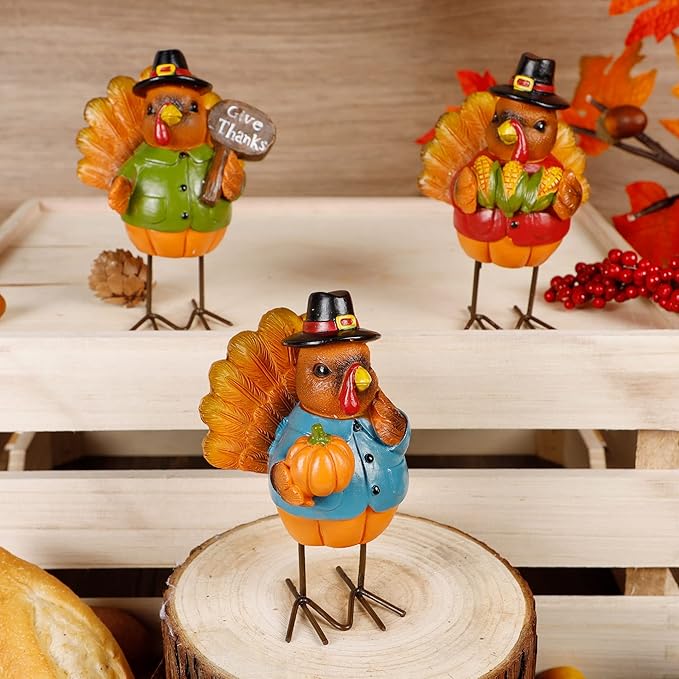 FORUP Thanksgiving Turkey Tabletop Centerpiece Decor, Set of 3 Resin Turkey Friends Decoration for Autumn Fall Thanksgiving Harvest Home Decorations