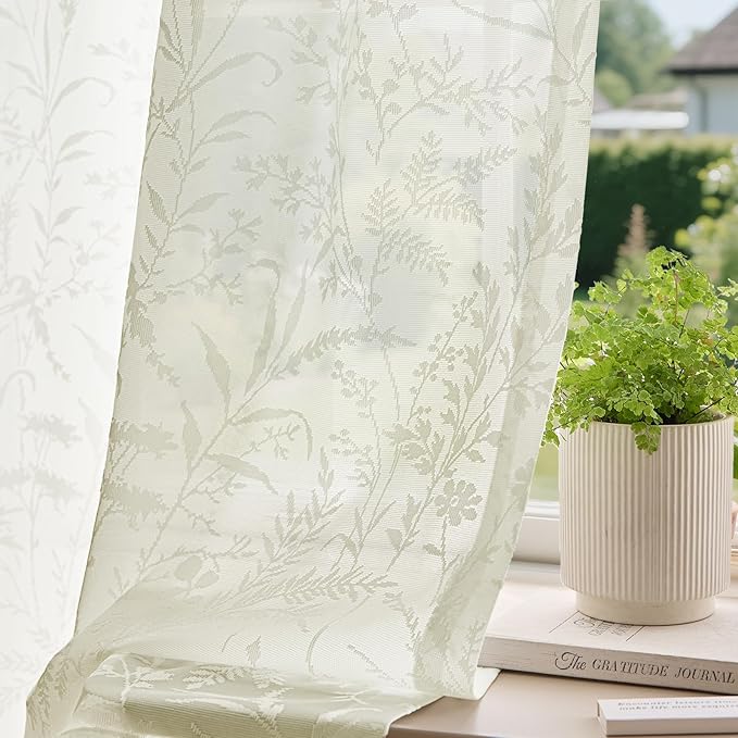 Anmao Cream Semi Sheer Light Filtering Curtains 54 Inches Long 2 Panels, Leaf Pattern Drapes for Living Room Bedroom, Rod Pocket Privacy Window Treatments with Floral Design, 52x54 Inch, Ivory