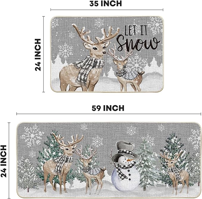 Artoid Mode Deer Tree Let It Sonw Snowflakes Christmas Kitchen Mats Set of 2, Winter Decor Low-Profile Kitchen Rugs for Floor - 24x35 and 24x59 Inch