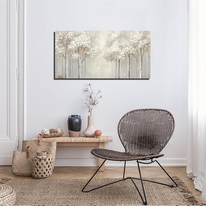 ANCXWOTER Large Forest Wall Art for Living Room White Misty Birch Tree Picture for Bedroom Office Modern Landscapes Canvas Prints Ready to Hang 20x40 Inch