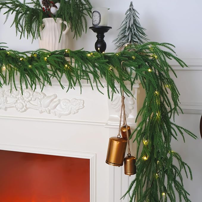 Christmas Garland Prelit Real Touch Norfolk Pine Garland Artificial Realistic Greenery Garland for Mantle Fireplace Table Centerpiece Indoor Outdoor Home Decor 6FT