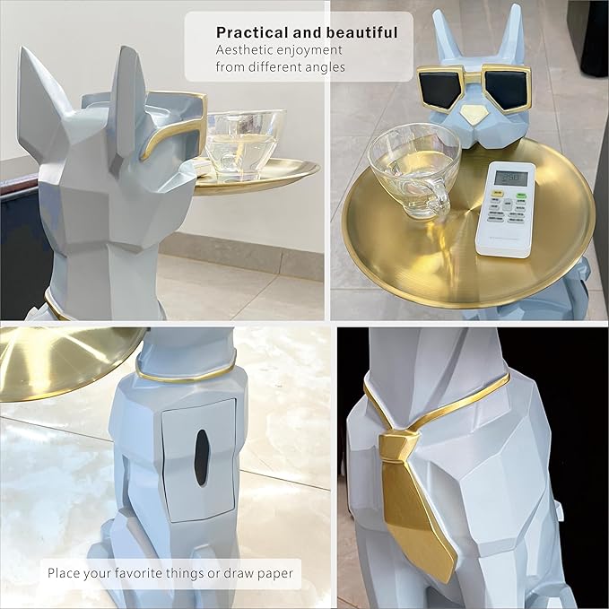 Beautiful and Elegant Decorative Pieces for Home, Dog Side Table with Tray and Storage,Dog 3D Sculpture Coffee Table Unique Home Decor(Gray)