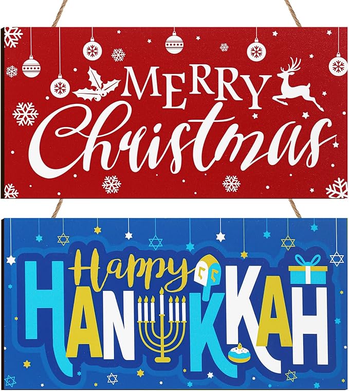 2 Pieces Merry Christmas Sign Hanukkah Blue Hanging Sign Decoration Wooden Hanukkah Door Decorations Xmas Wood Sign with Hanging Rope for Jew Holiday Wall Front Door Porch Decor, 9.84 x 4.72 Inch
