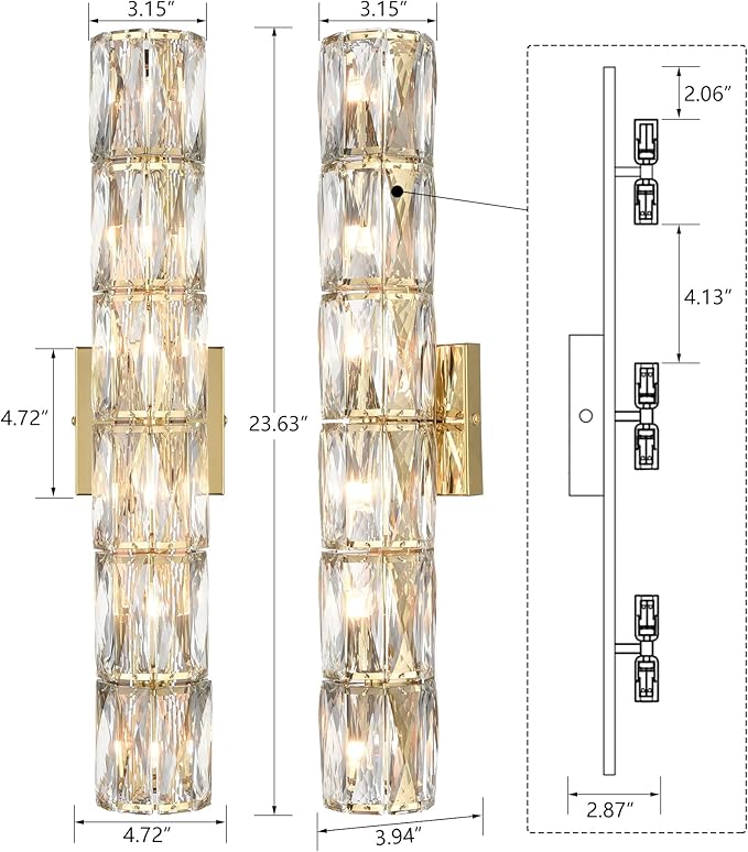 SAMTEEN 23.6-Inch Crystal Wall Sconce Gold Sconces Wall Lighting Mid-Century Modern 6-Light Wall Mount Light Brass Glass Wall Light Fixture for Bathroom Bedroom Hallway