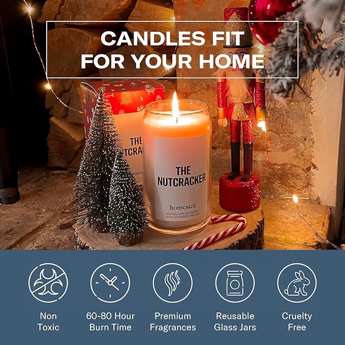 Homesick Scented Candles for Home (The Nutcracker) - 13.75 oz Long-Lasting Natural Soy Wax Blend Jar Candle Gifts for Women & Men, 60-80 Hours Burn Time - Notes of Cinnamon, Clove & Pecan